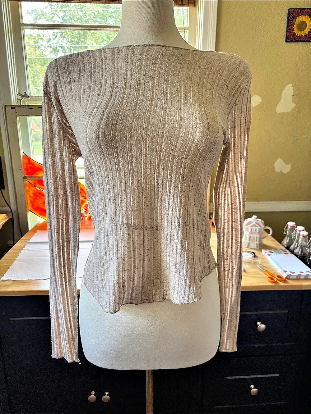 Natural Life Sheer Ribbed Knit Long Sleeve Boatneck Top Beige Tan Size L